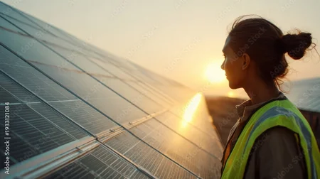 Silhouette einer Person, die be Sonnenaufgang über ein großes Solarpanel-Feld blickt.